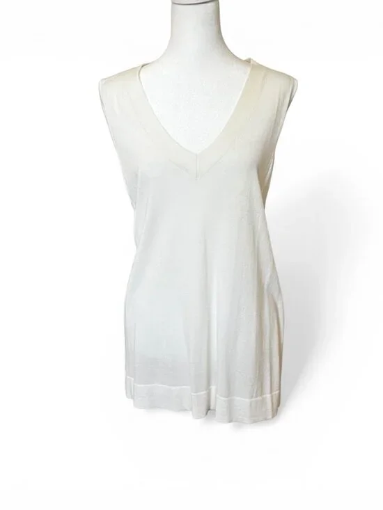 LOFT Ivory Sleeveless V-Neck Knit Top Soft Minimalist Quiet Luxury Career - Picture 2 of 8